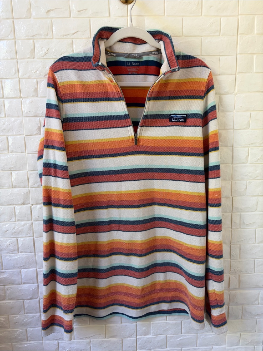 L.L. Bean Men's Striped Quarter-Zip Pullover - Rust, Mustard & Teal
